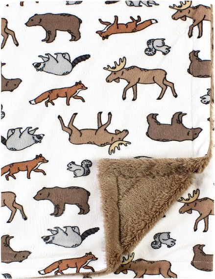 Plush Blanket with Furry Binding and Back, Animal Adventure